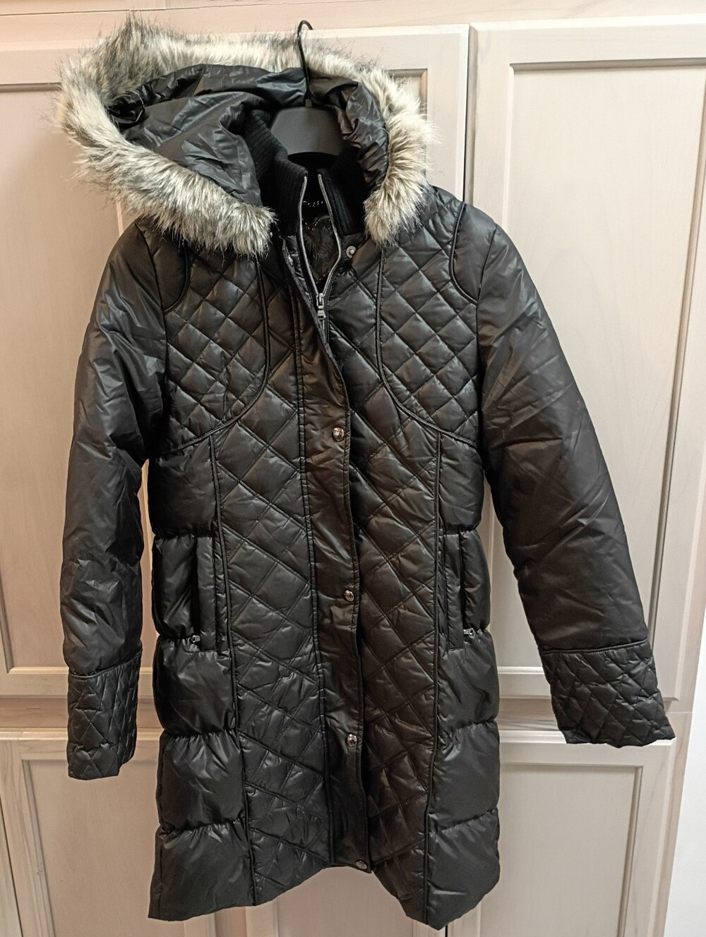 Guess Black Quilted Faux Fur Hooded Long Puffer Coat Small